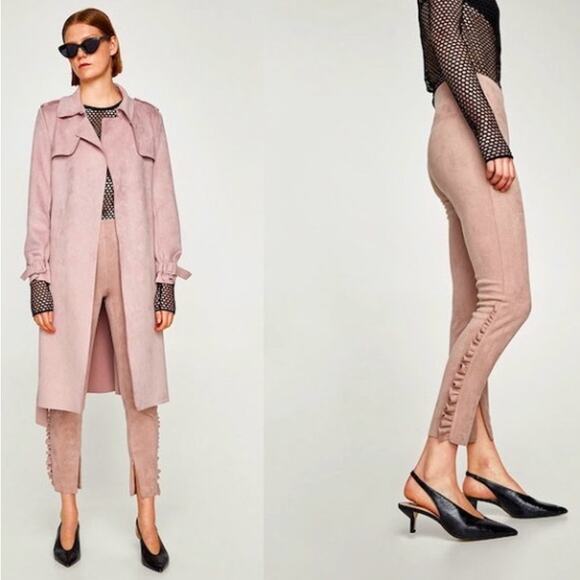 Zara Pants - Zara Frilled Faux Suede Leggings Skinny Pants Ruffle‎ Blush Pink S